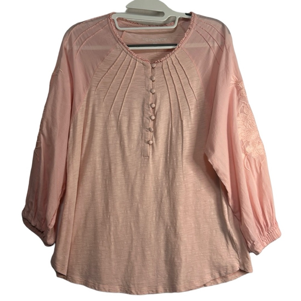Soft Surroundings Embroidered Floral Sleeve Modal Blend Pintuck Blouse Small